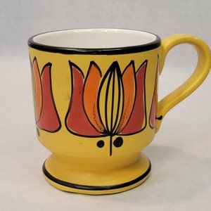 Vintage Mug Hand Painted Mustard Yellow with Orange flowers Tulips Primitive